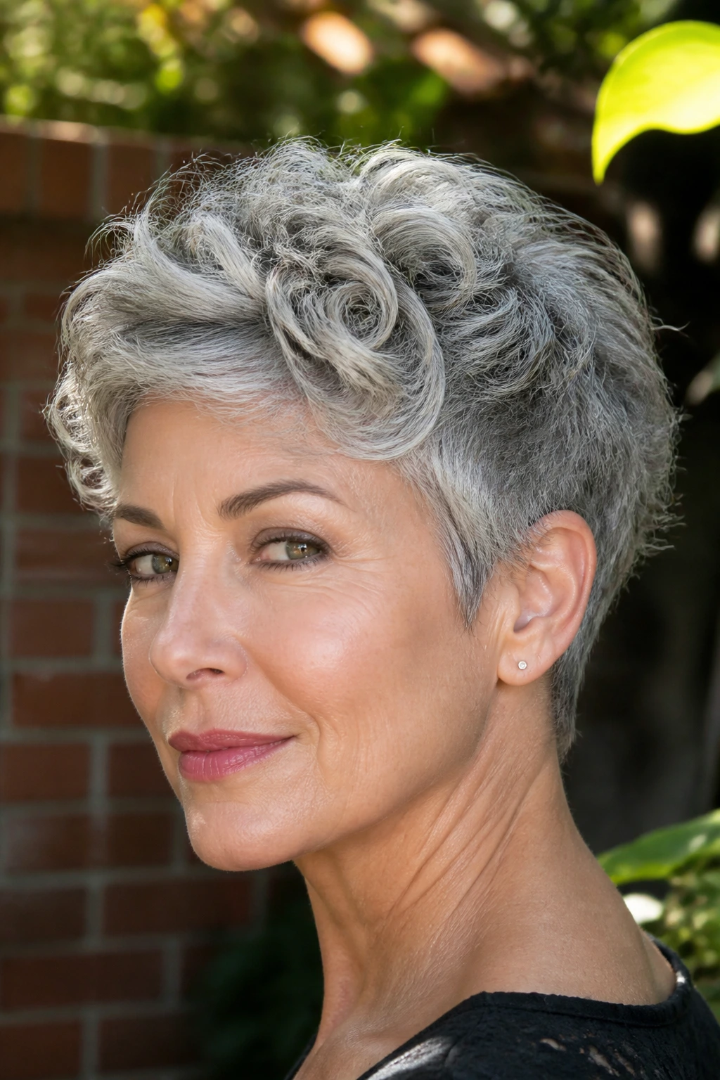 Close-up portrait of a real person with curly gray pixie and airy texture.