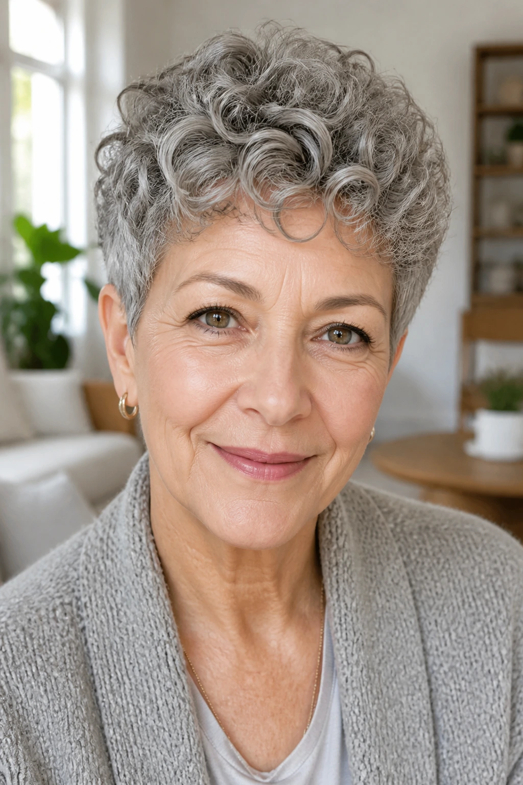 Portrait of a real woman with a curly pixie haircut showing defined curls