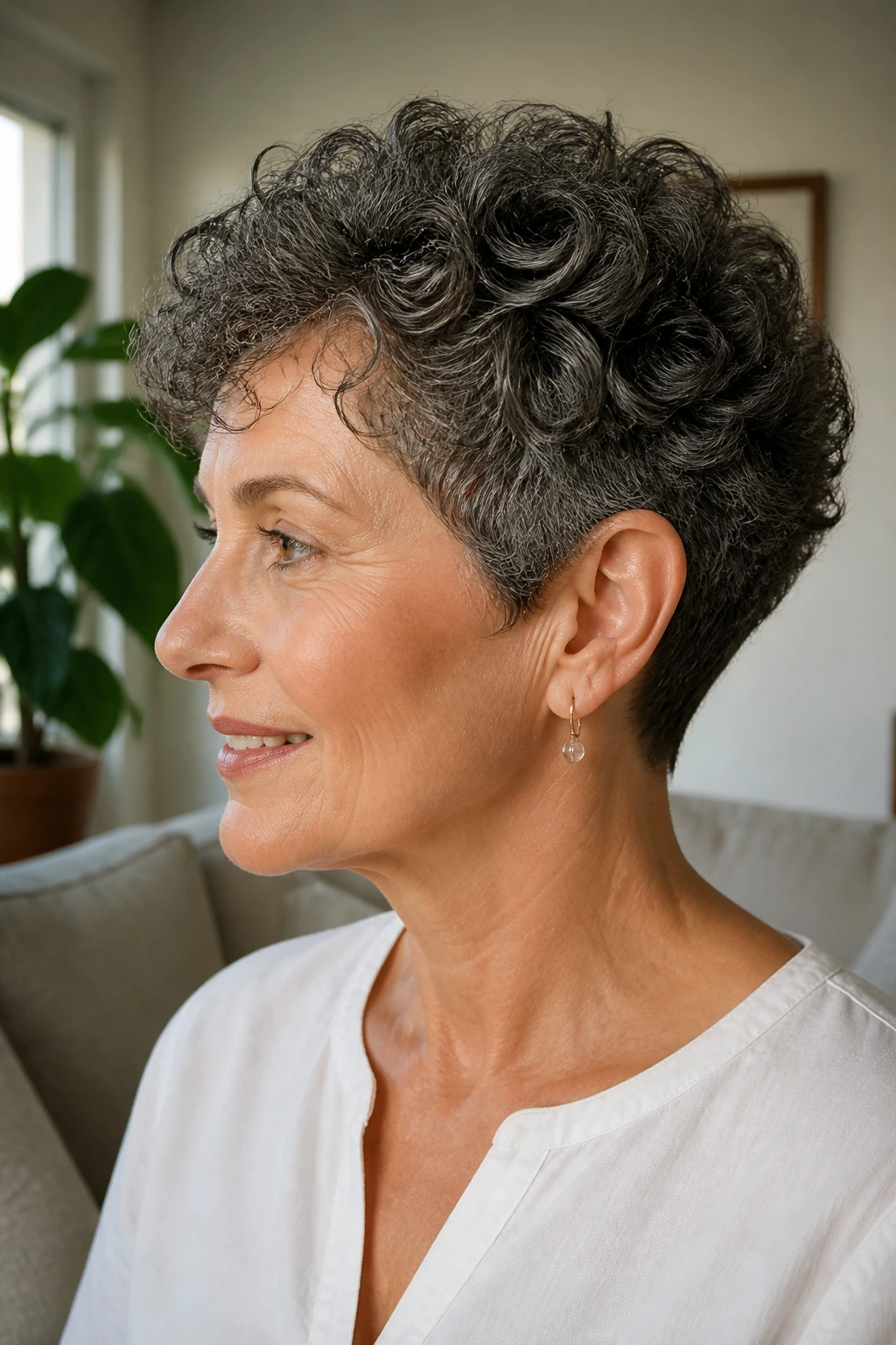 Close-up portrait of a real woman with curly pixie maintaining curl shape in natural daylight