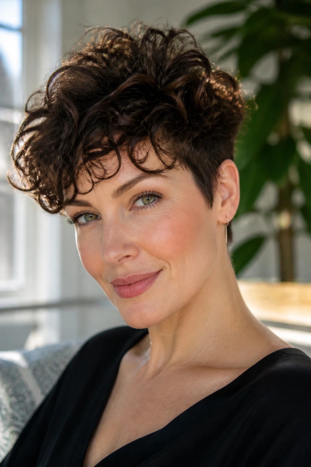 Close-up of a real woman with a curly pixie haircut in a sunlit living room