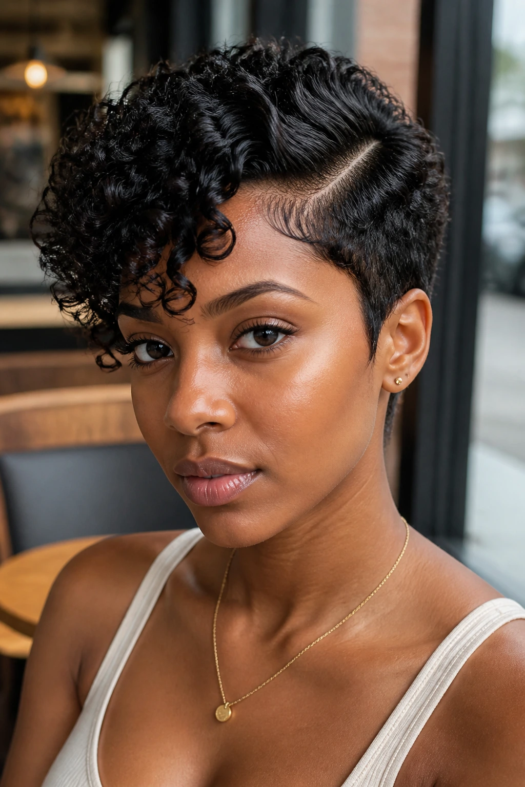 Portrait of a real woman with curly pixie and deep side part