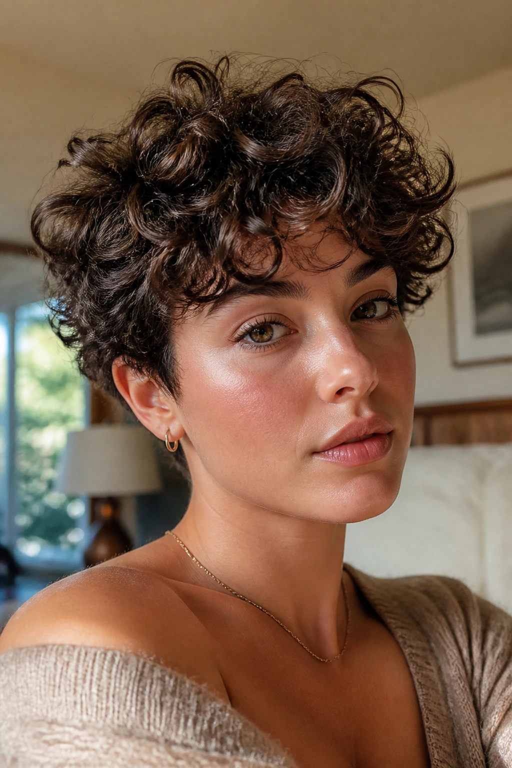 Close-up portrait of a real woman with a curly pixie cut, natural light in a warm bedroom