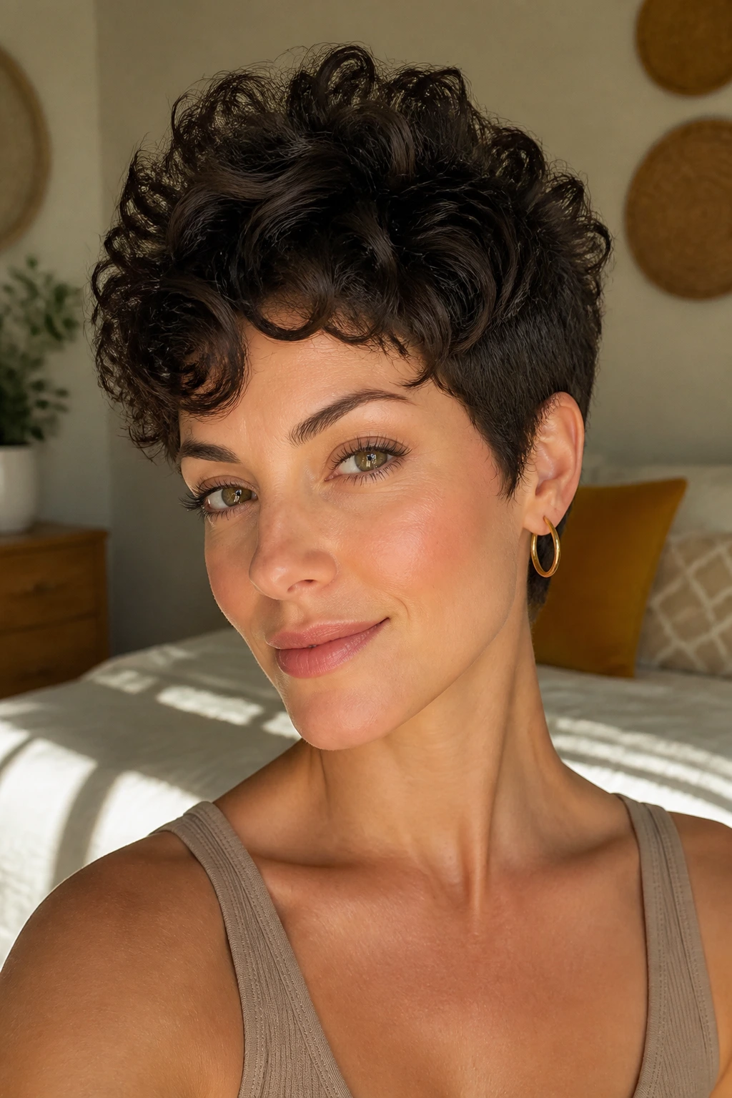 Close-up portrait of a real woman with curly pixie height hairstyle under soft window light