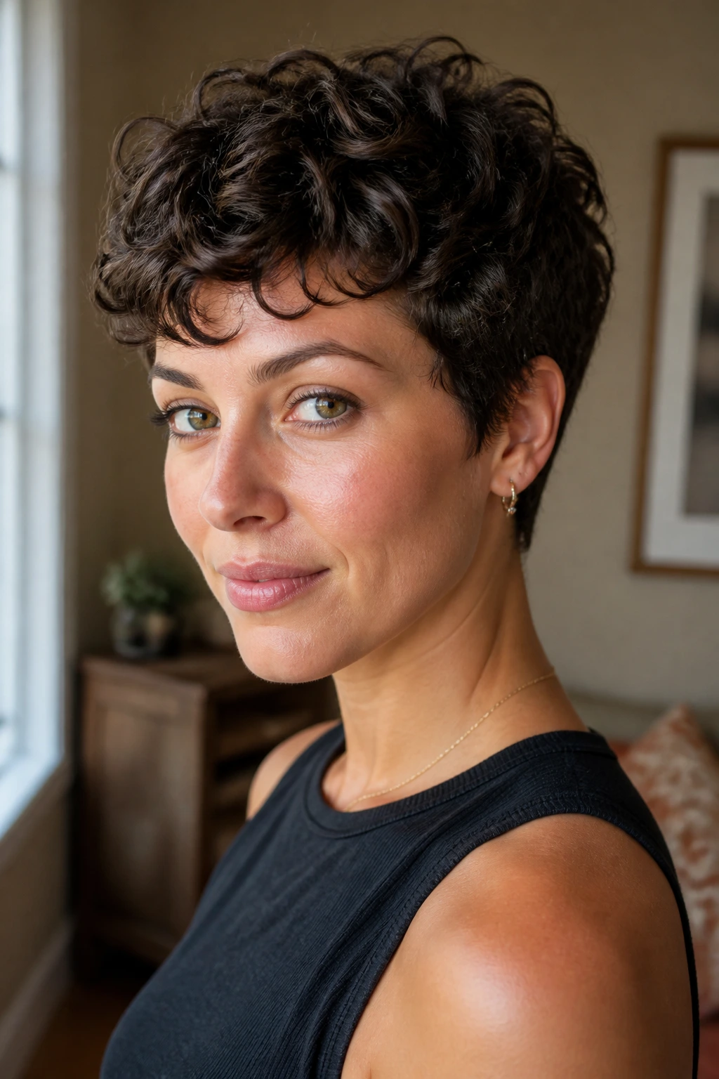 Close-up of a real person with a curly pixie demonstrating held shape and defined curls
