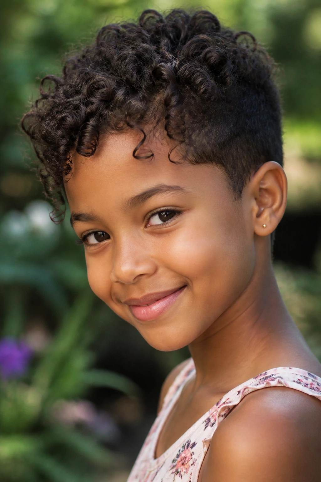 Child with curly tapered pixie, curls defined around crown and ears
