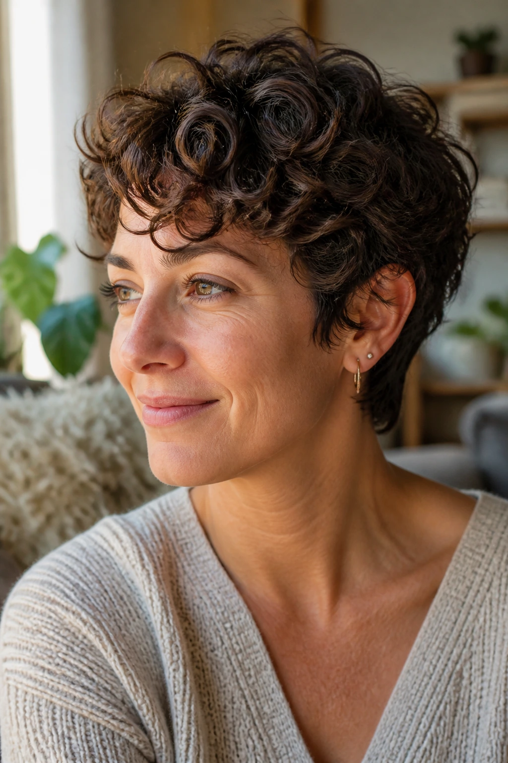Close-up portrait of a real woman with curly layered pixie hairstyle and soft crown curls.