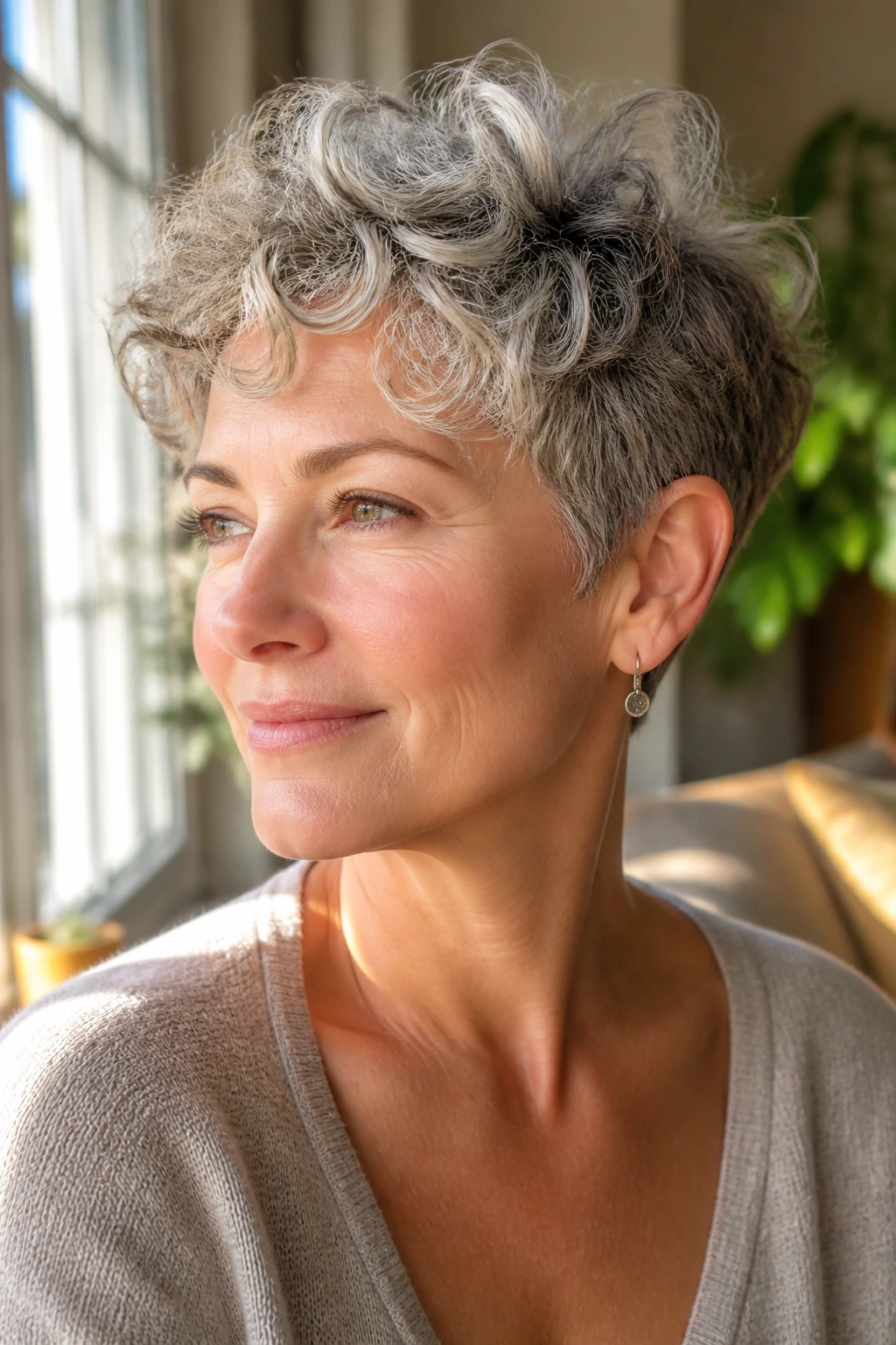 Close-up of a real woman with a curly pixie showing crown lift and defined curls, natural light.
