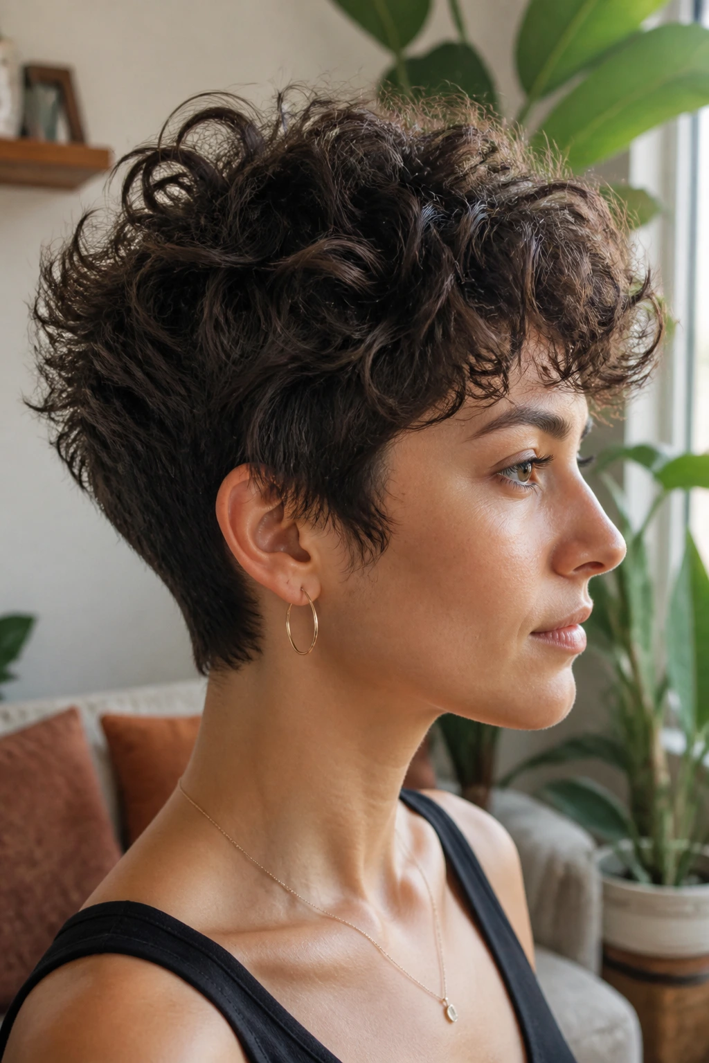 Side-profile of a real woman with a curly pixie and lived-in layers in natural daylight