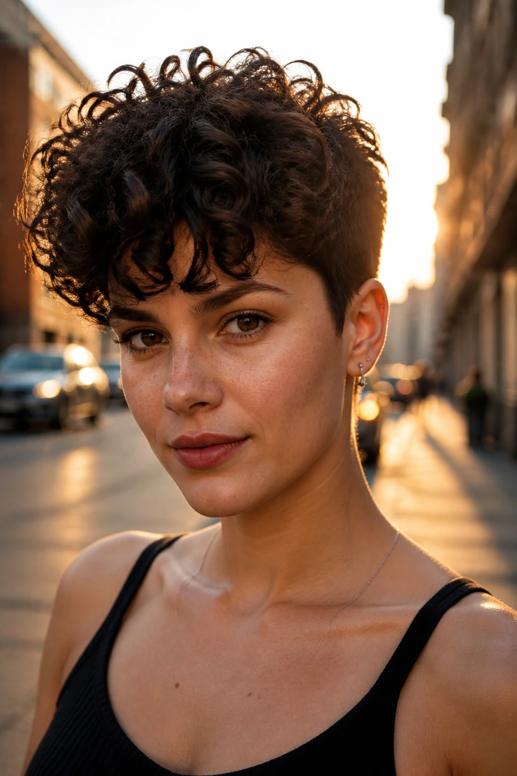 Portrait of a real person with Curly Pixie with Long Top showing extended top length.