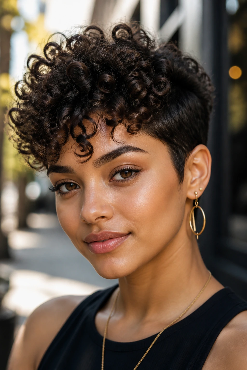 Close-up of a real woman with a curly pixie and longer top showing defined curls.