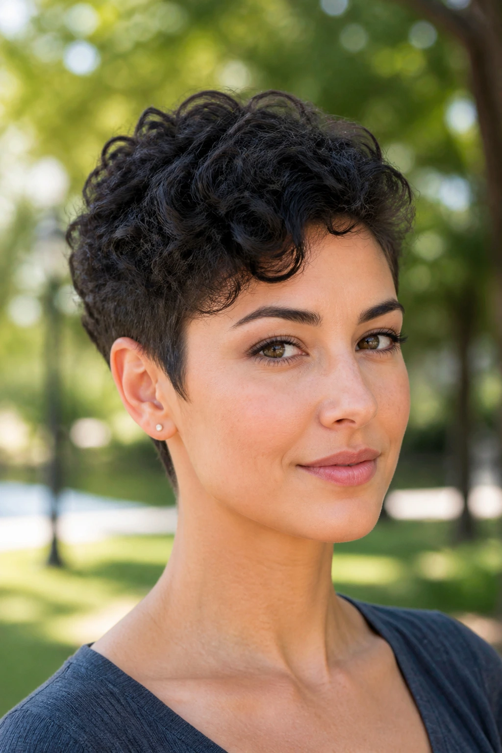 Close-up portrait of a woman with a curly pixie and longer top