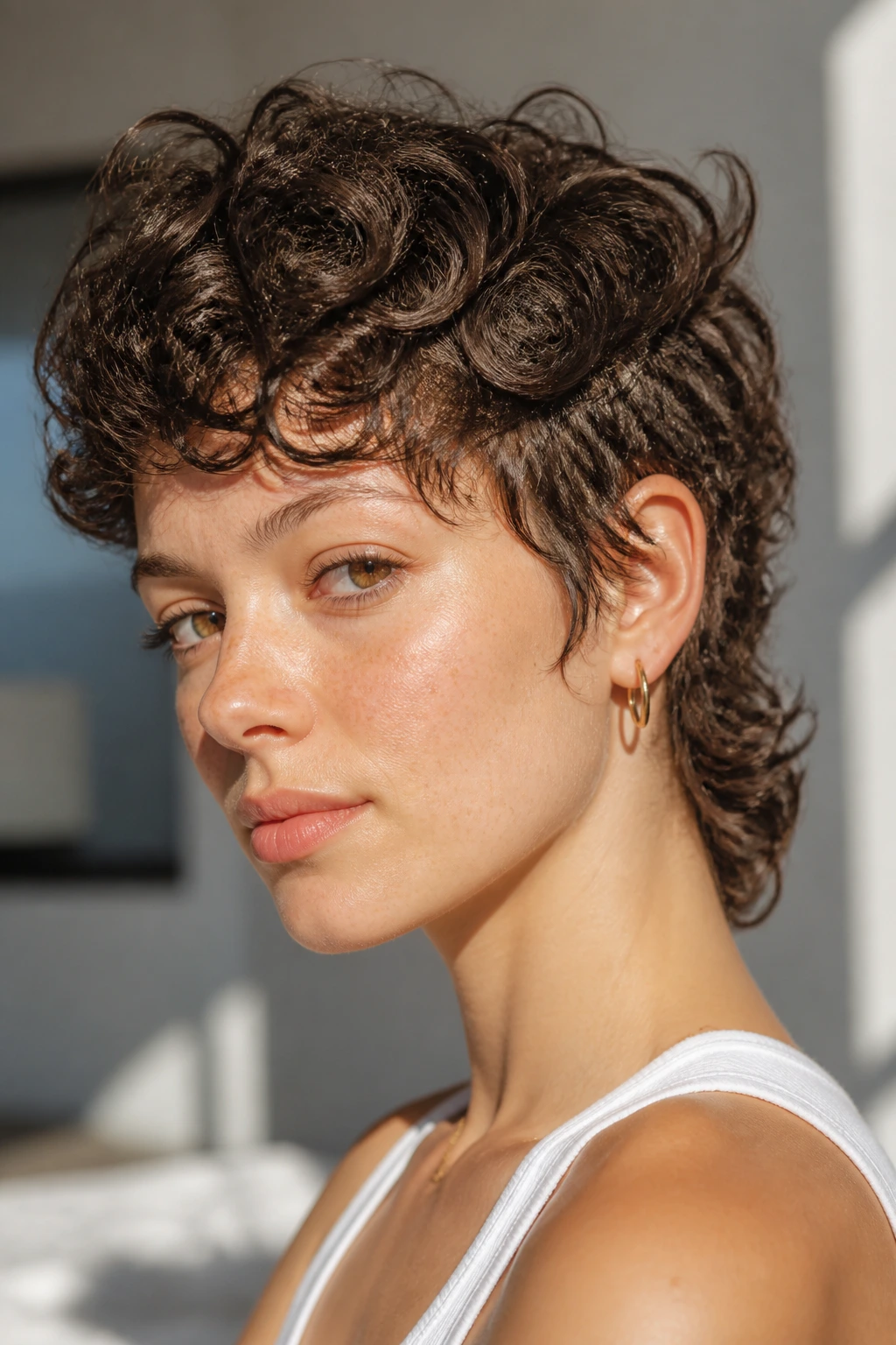 Real person with short curly pixie mullet in bright natural light