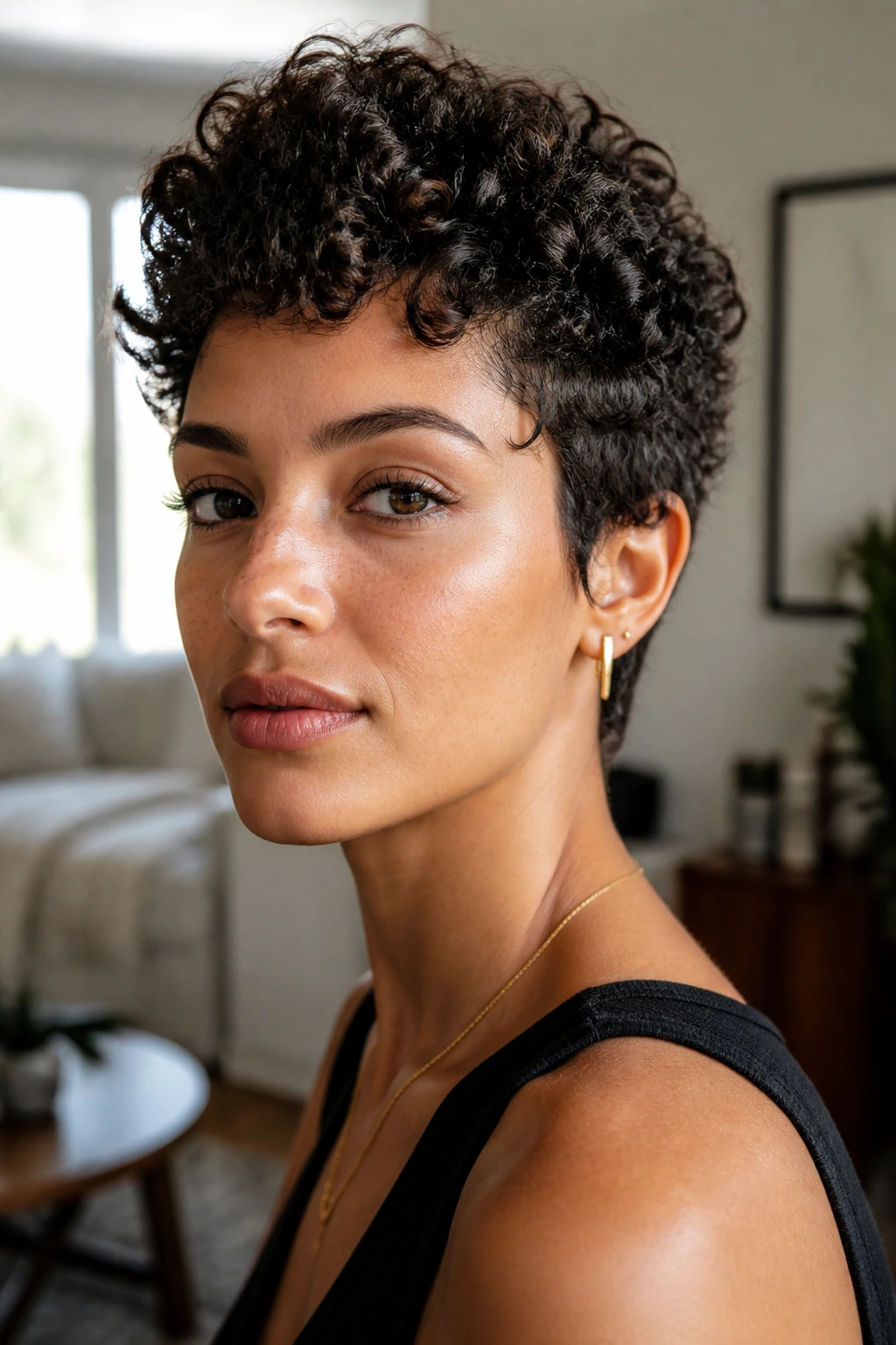 Close-up of a real woman with a curly natural pixie showing stacked curls.