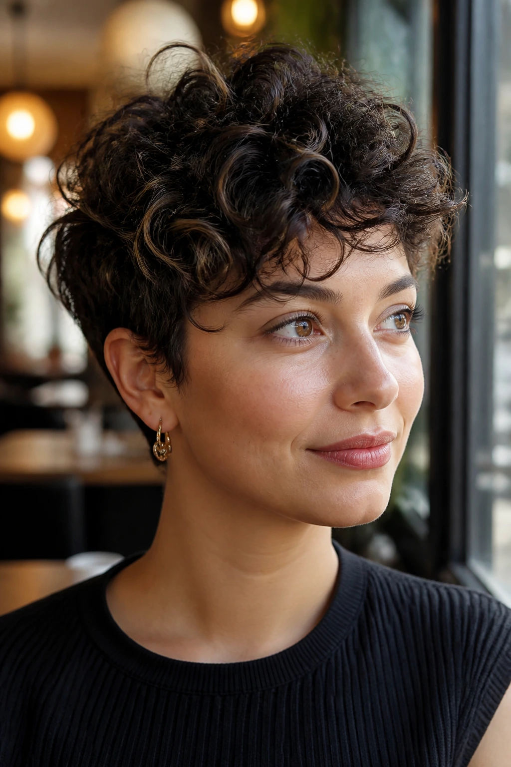 Real person with curly pixie haircut in cozy cafe setting