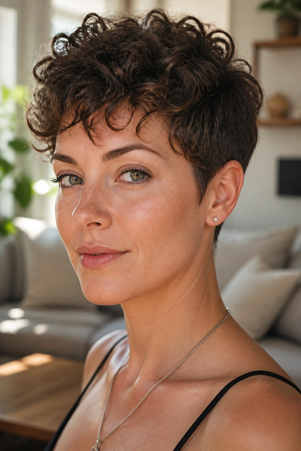 Close-up portrait of a real person with curly pixie cut in a sunlit living room