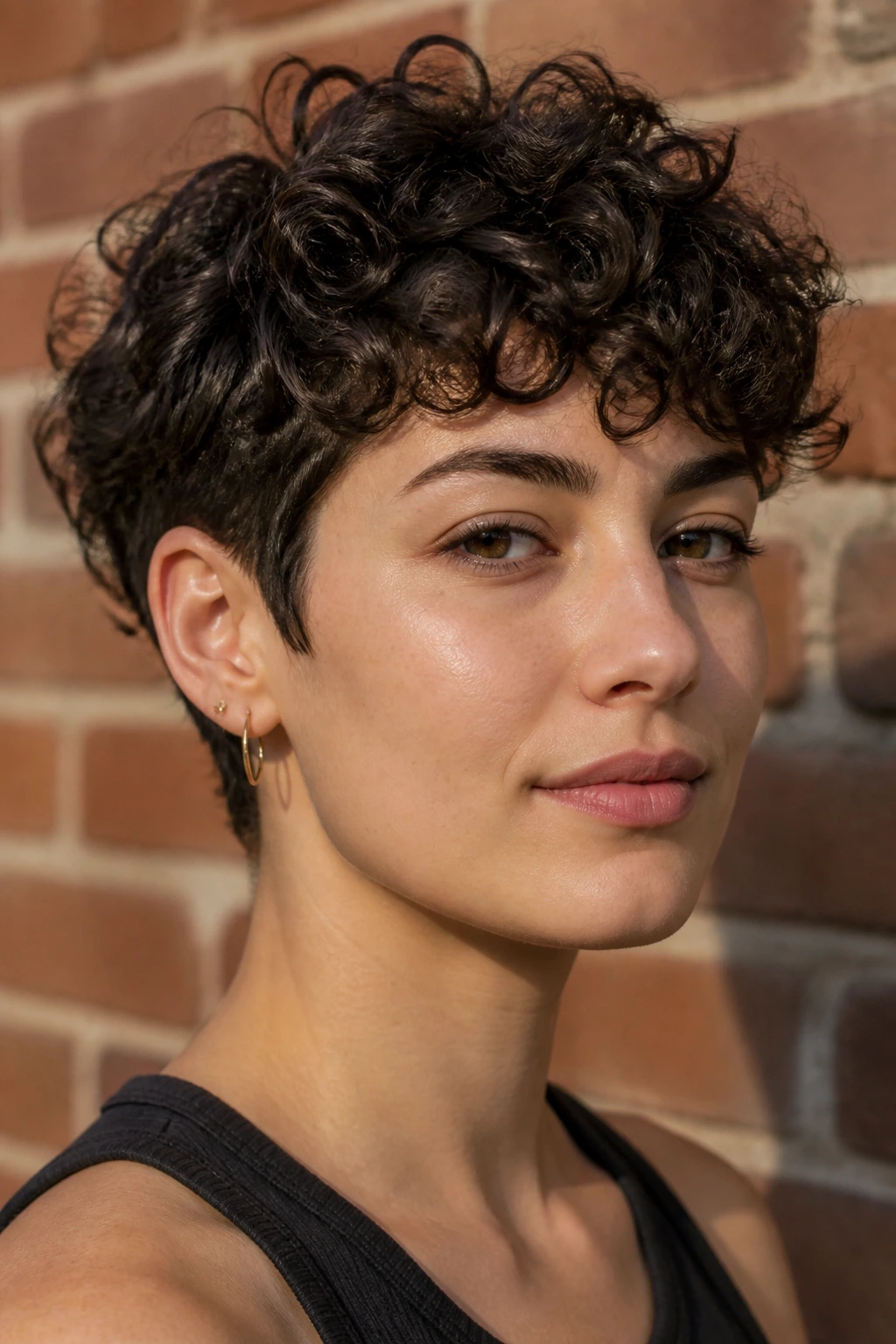 Close-up of a real person with curly pixie and length on top, curls defined