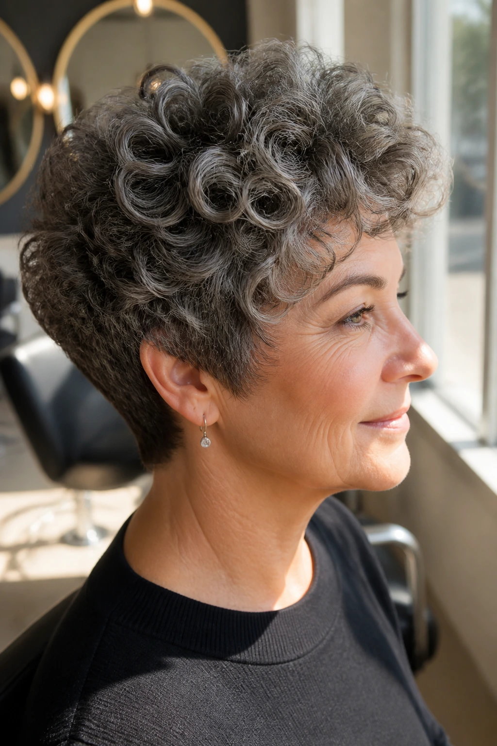 Close-up portrait of a real woman with a curly pixie and soft round shape