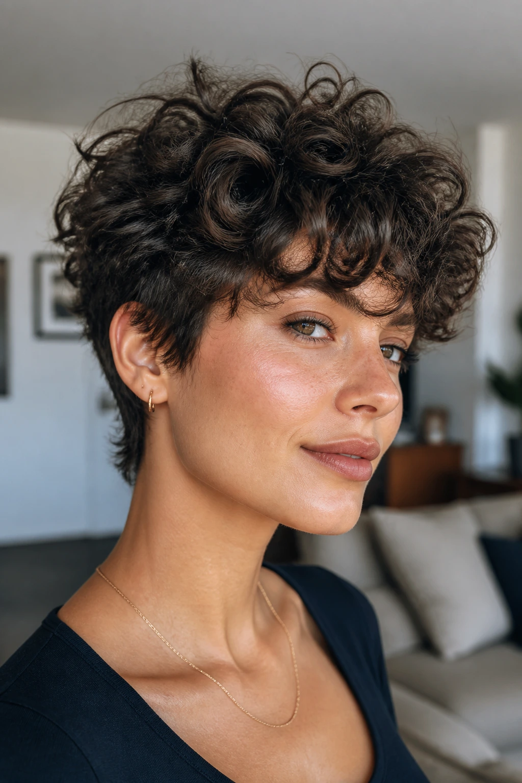 Close-up of real person with curly pixie shag showing short sides and longer top