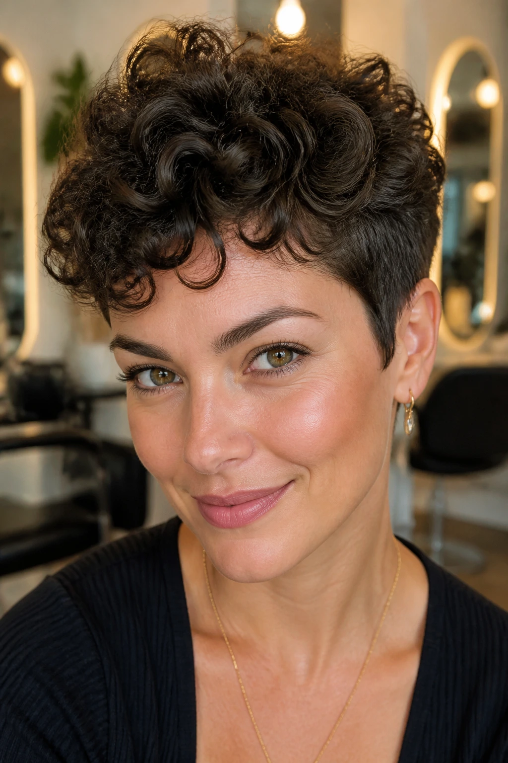 Real person with well-shaped curly pixie showing shrinkage and crown lift