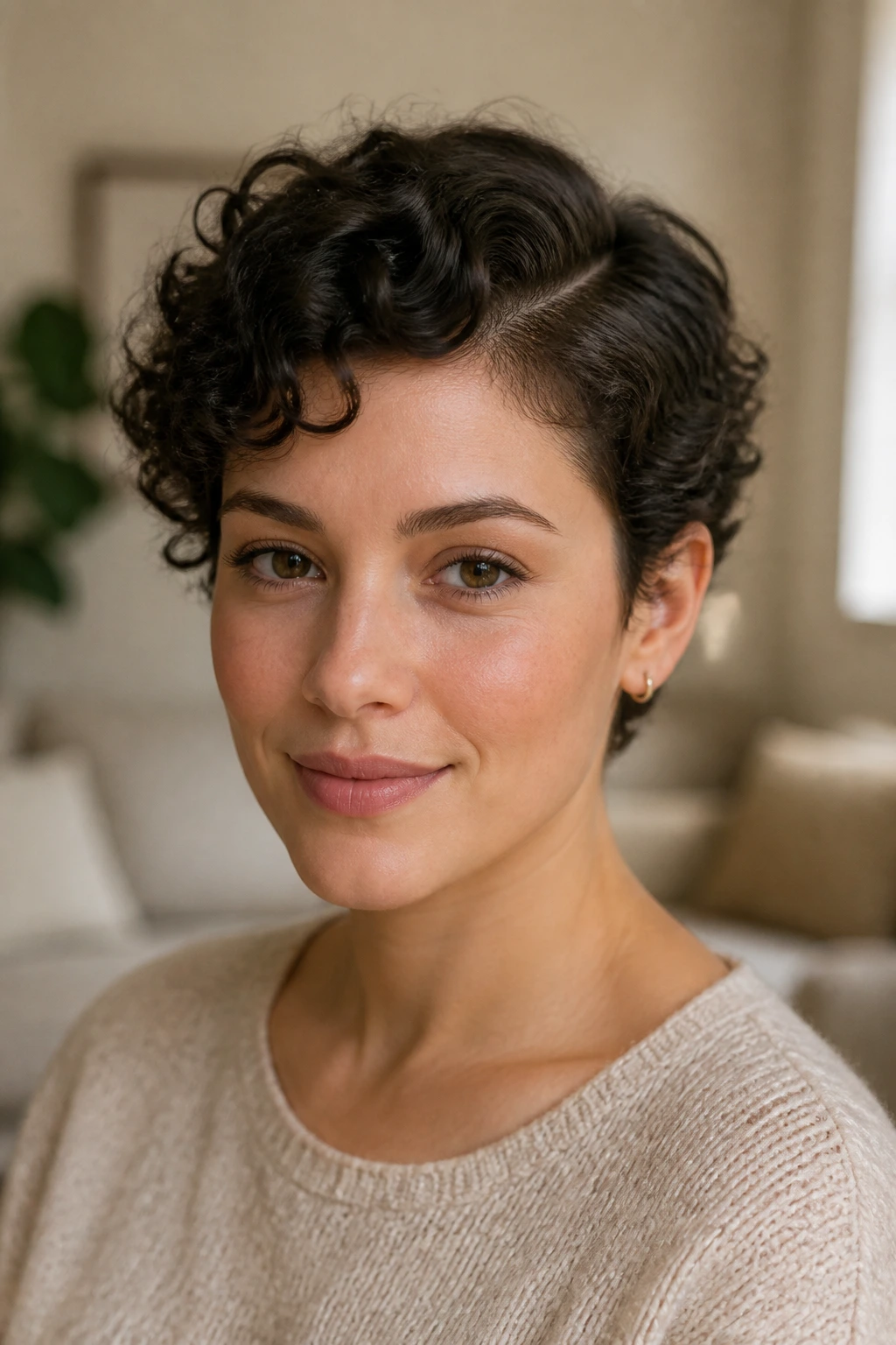 Close-up portrait of a real woman with a curly pixie and soft side part.