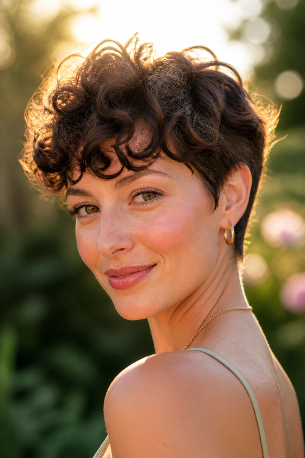 Real woman with curly pixie and soft bangs in a garden at golden hour