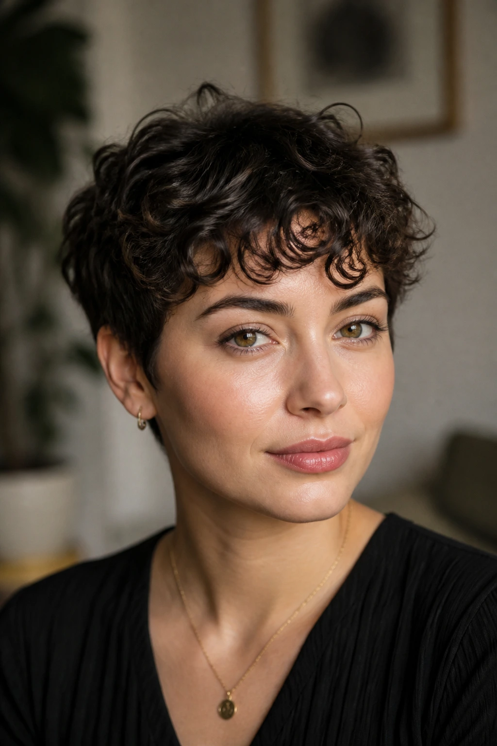 Close-up of a real person with curly pixie and soft fringe framing the forehead