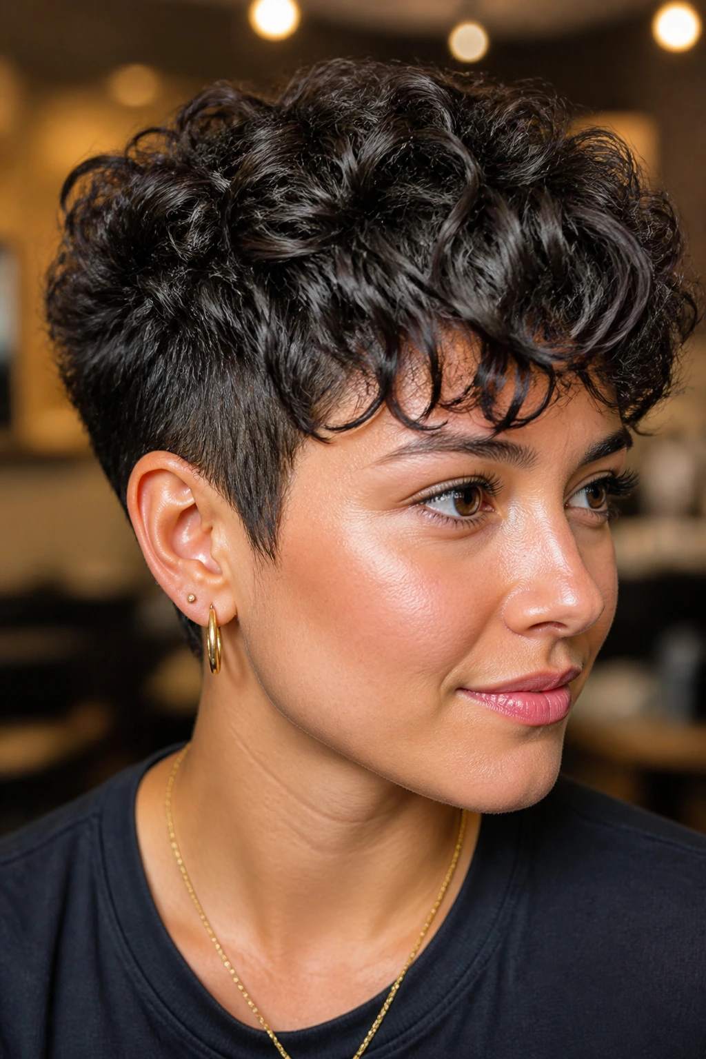 Close-up of a real woman with a curly pixie and tapered sides
