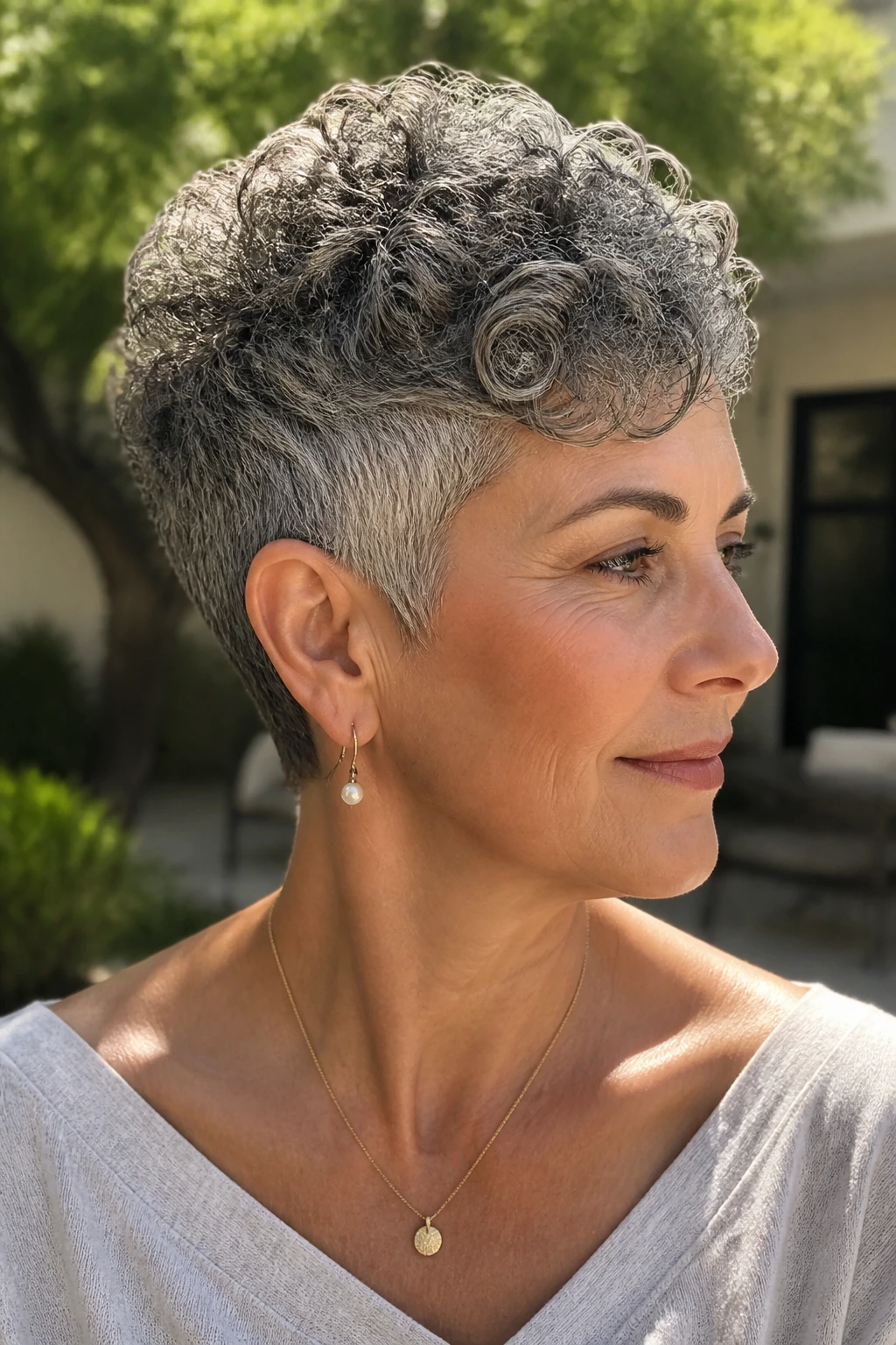 Close-up of a real woman with curly pixie and tapered sides