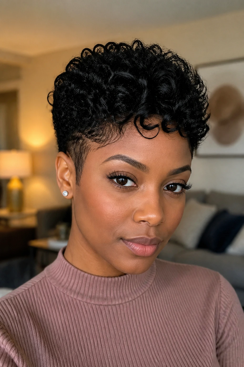 Close-up of a Black person with curly pixie and temple taper.