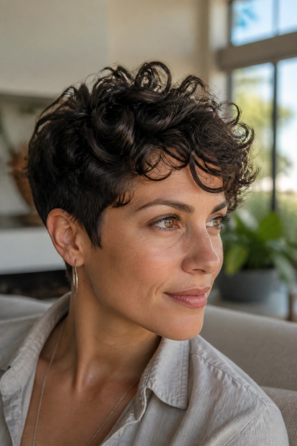 Close-up portrait of a real woman with curly choppy pixie for natural texture, longer top and tapered sides.