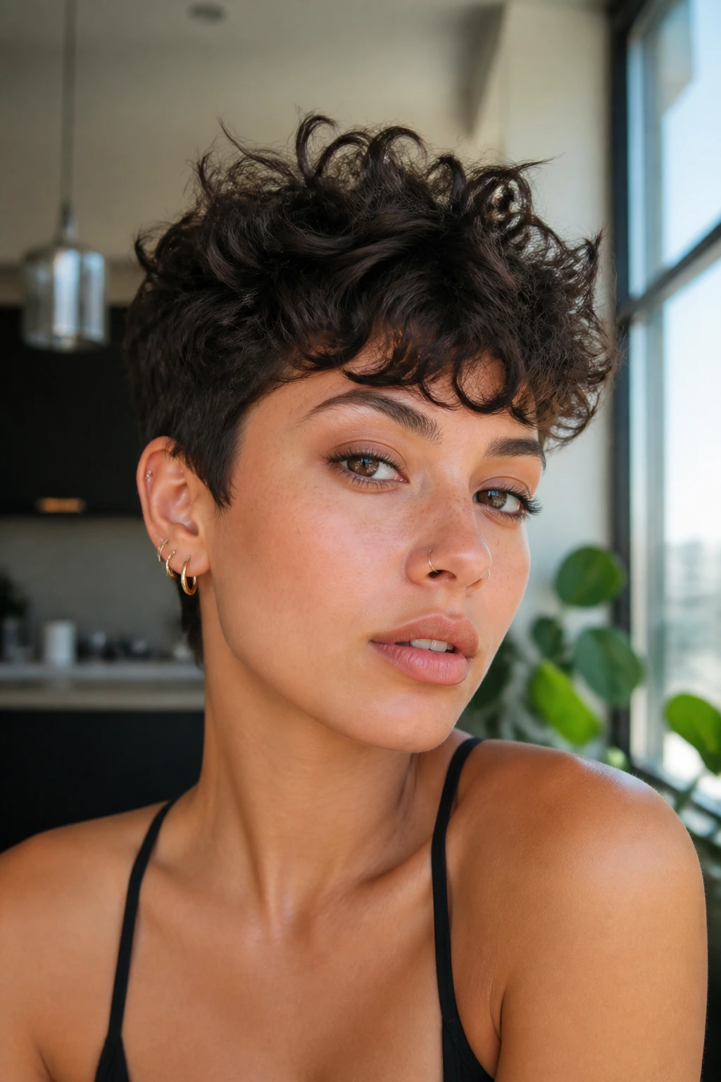 Close-up of real person with curly pixie and choppy top
