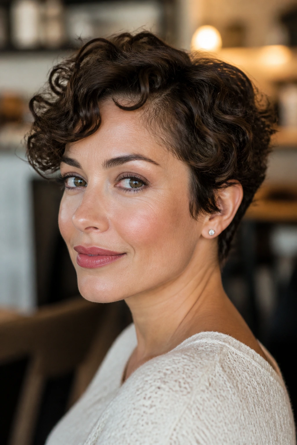 Portrait of a woman with a curly vintage pixie variation.