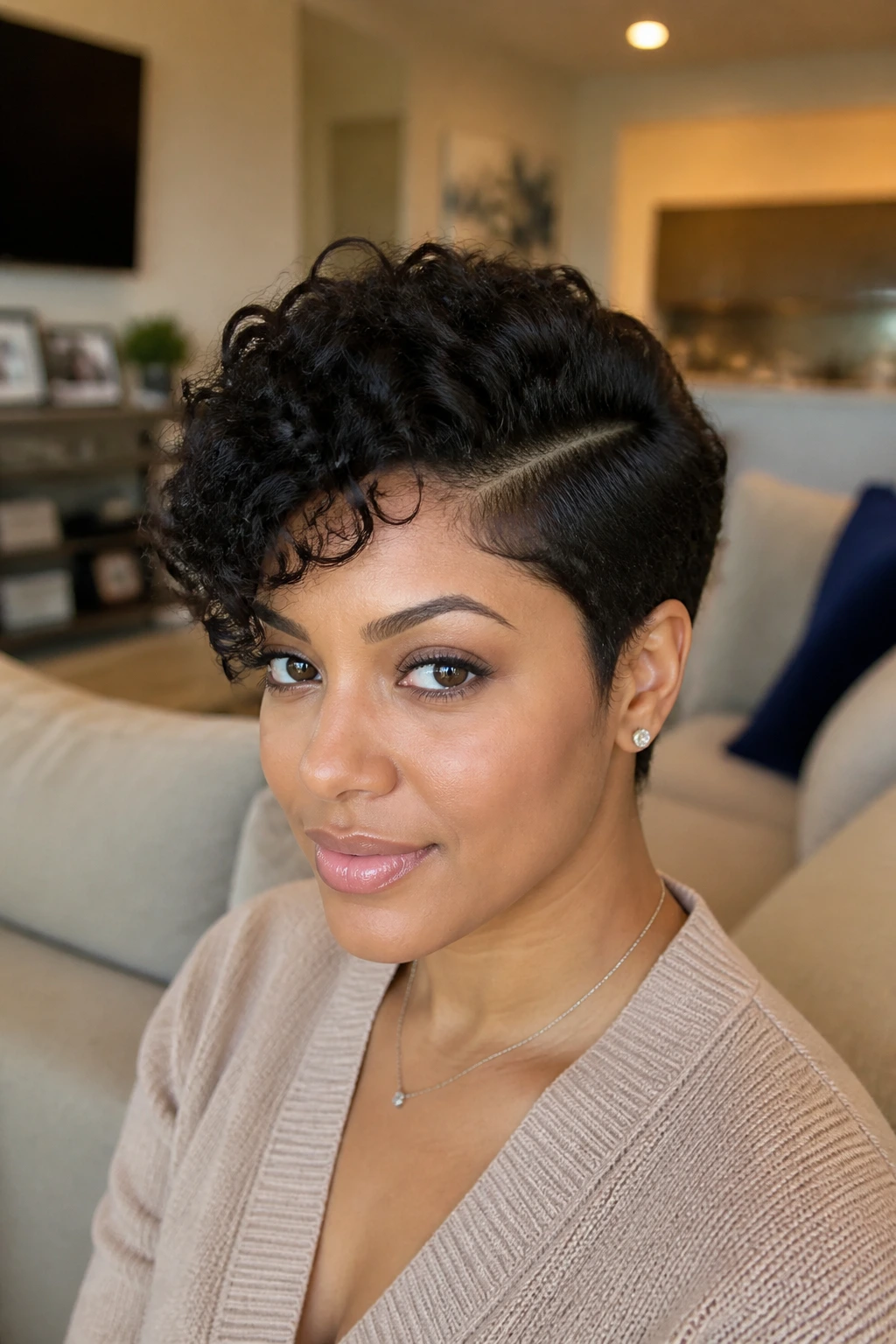 Close-up of a real woman with a short sculpted curly pixie and side part