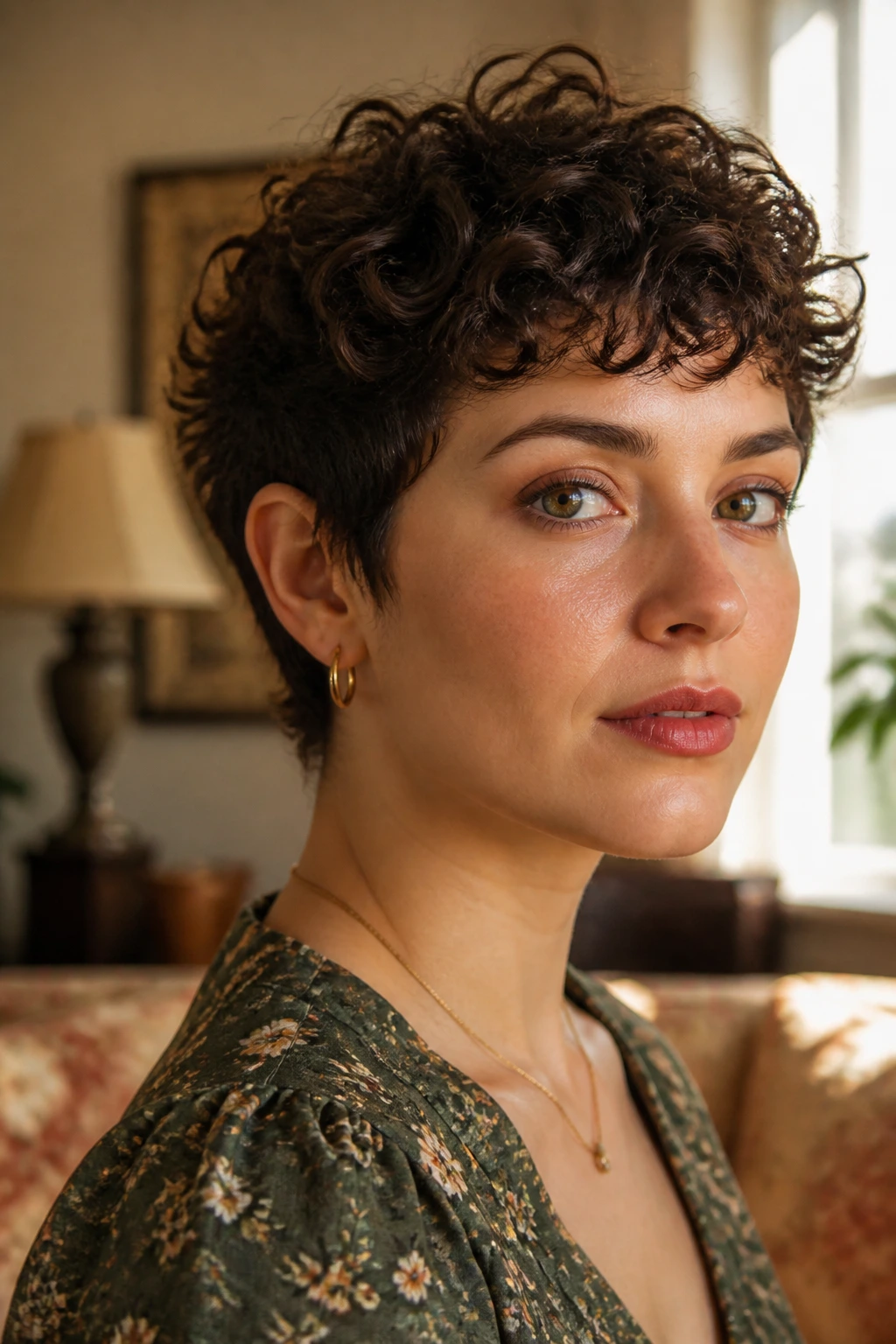 Close-up portrait of a woman with a curly pixie hairstyle in warm window light.