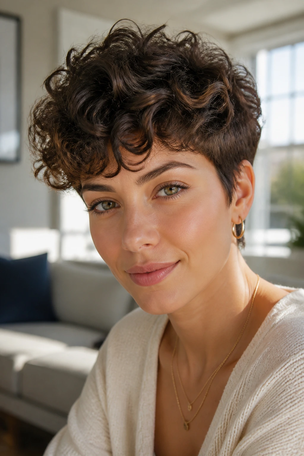 Close-up of a real woman with curly pixie and soft volume on top