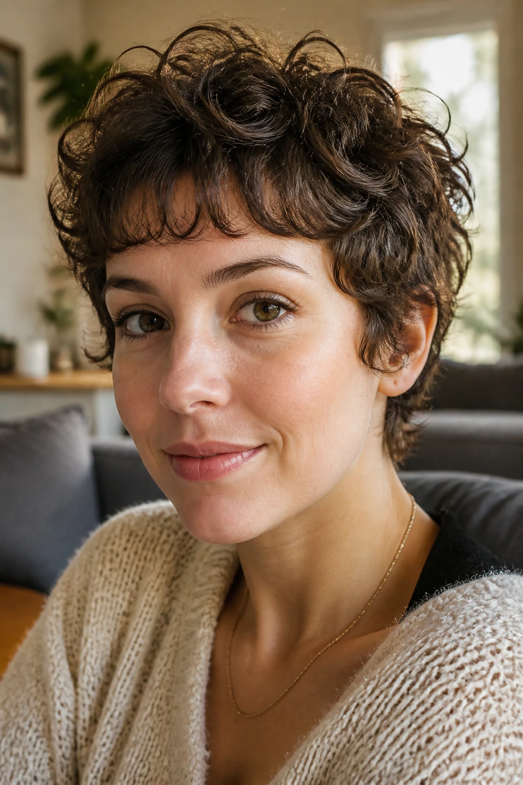 Close-up of a woman with curly pixie and wispy bangs in soft daylight