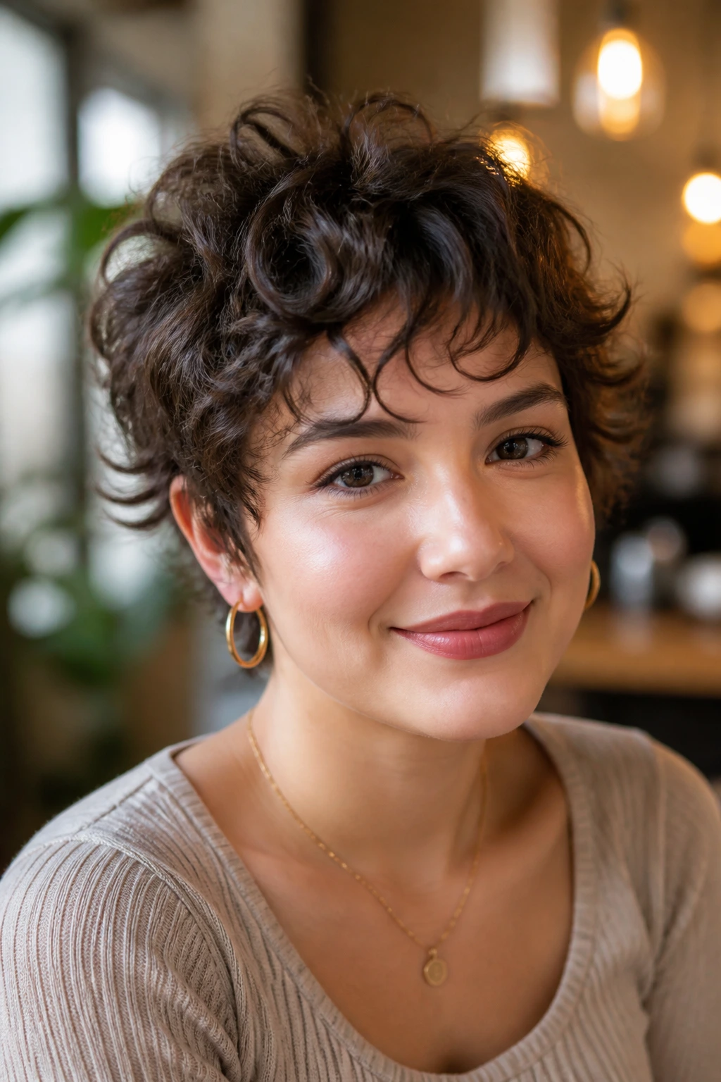 Close-up portrait of a real woman with a curly pixie and wispy fringe in warm cafe light.