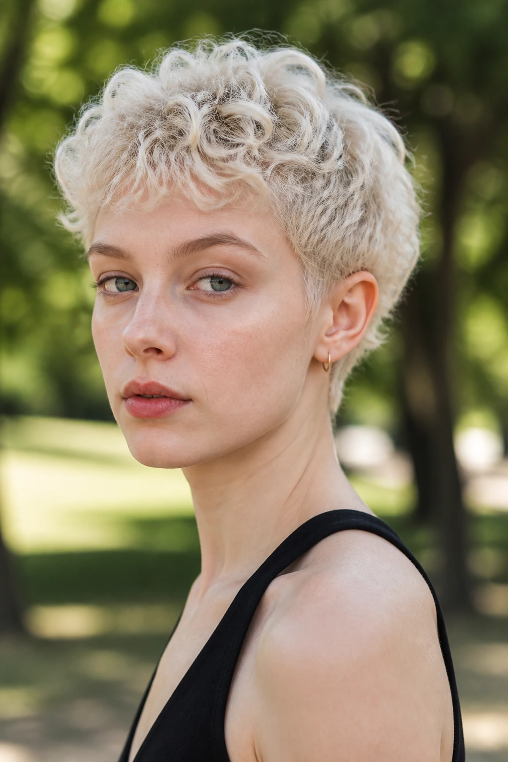 Close-up of a curly platinum crop on fair skin