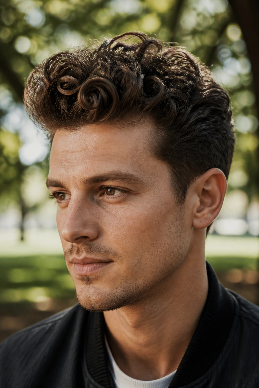 Close-up of a man with curly-hair pompadour showing defined curls and lift