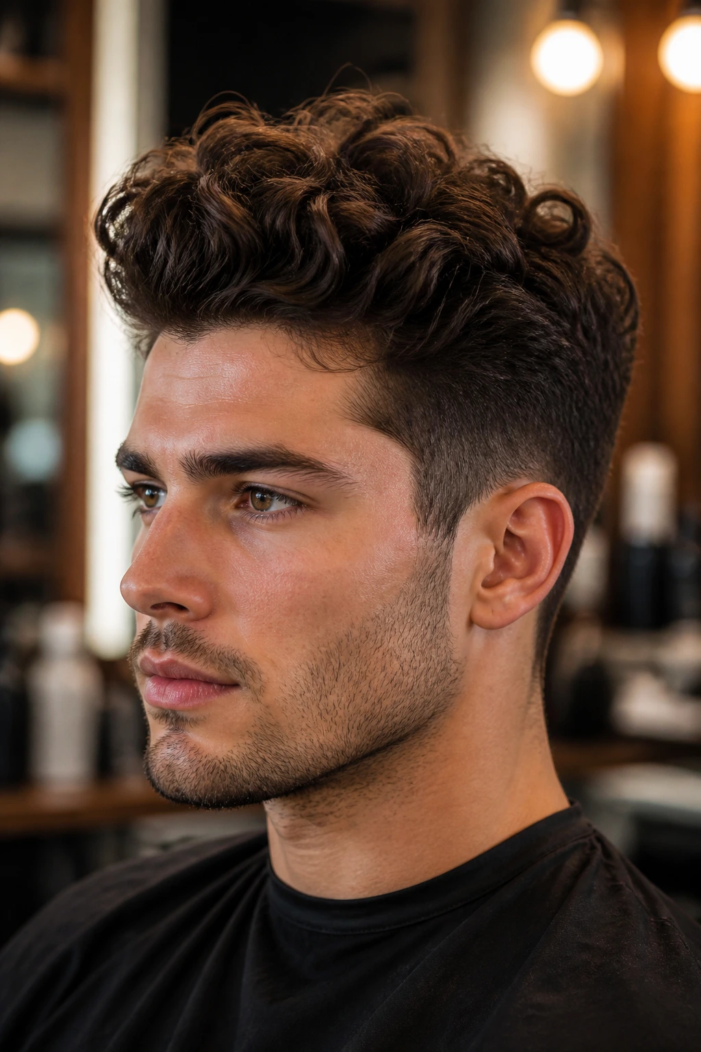 Portrait of a man with a curly pompadour showing front height and crown lift.