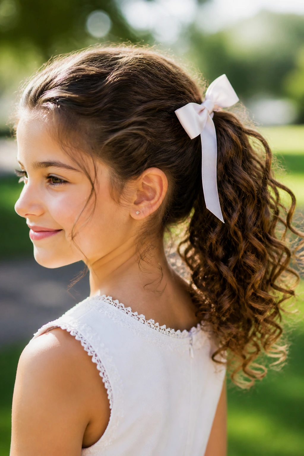 Real girl with curly ponytail tied with a bow.