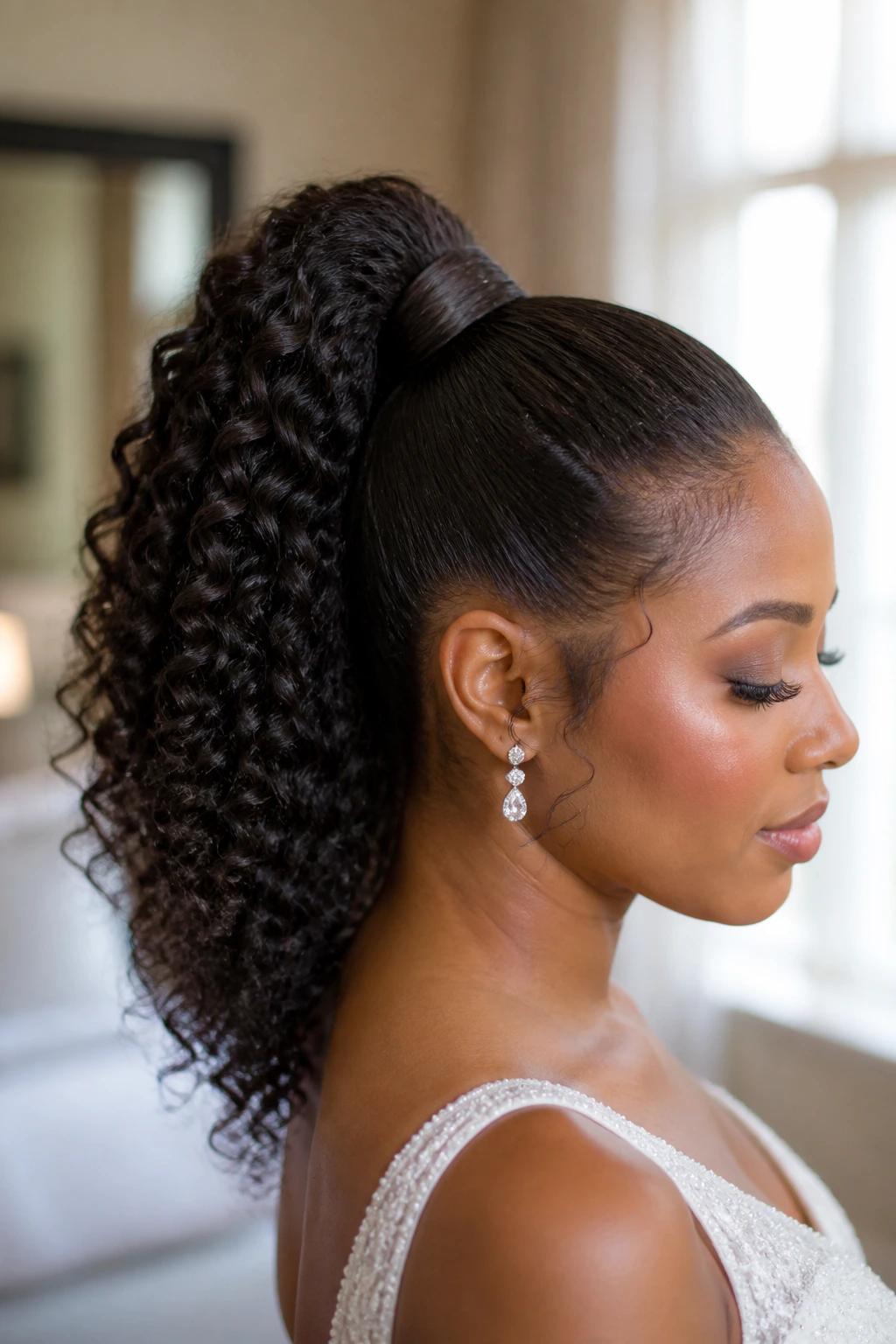 Close-up of a real woman with a curly ponytail featuring a wrapped base in bridal lighting