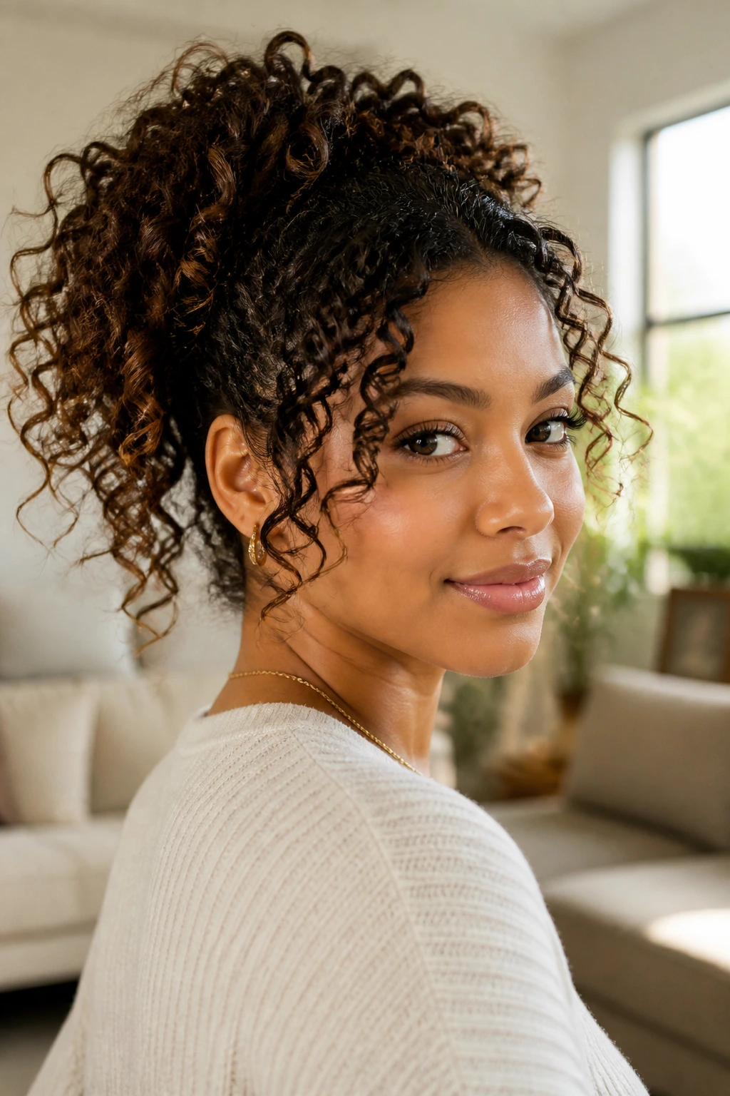 Portrait of a real woman with curly hair suggesting a versatile ponytail collection in a warm home setting