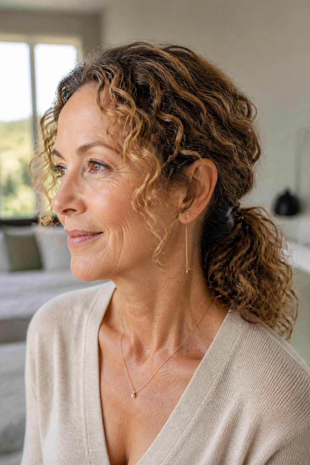 Close-up of a real woman with a curly defined ponytail in natural window light
