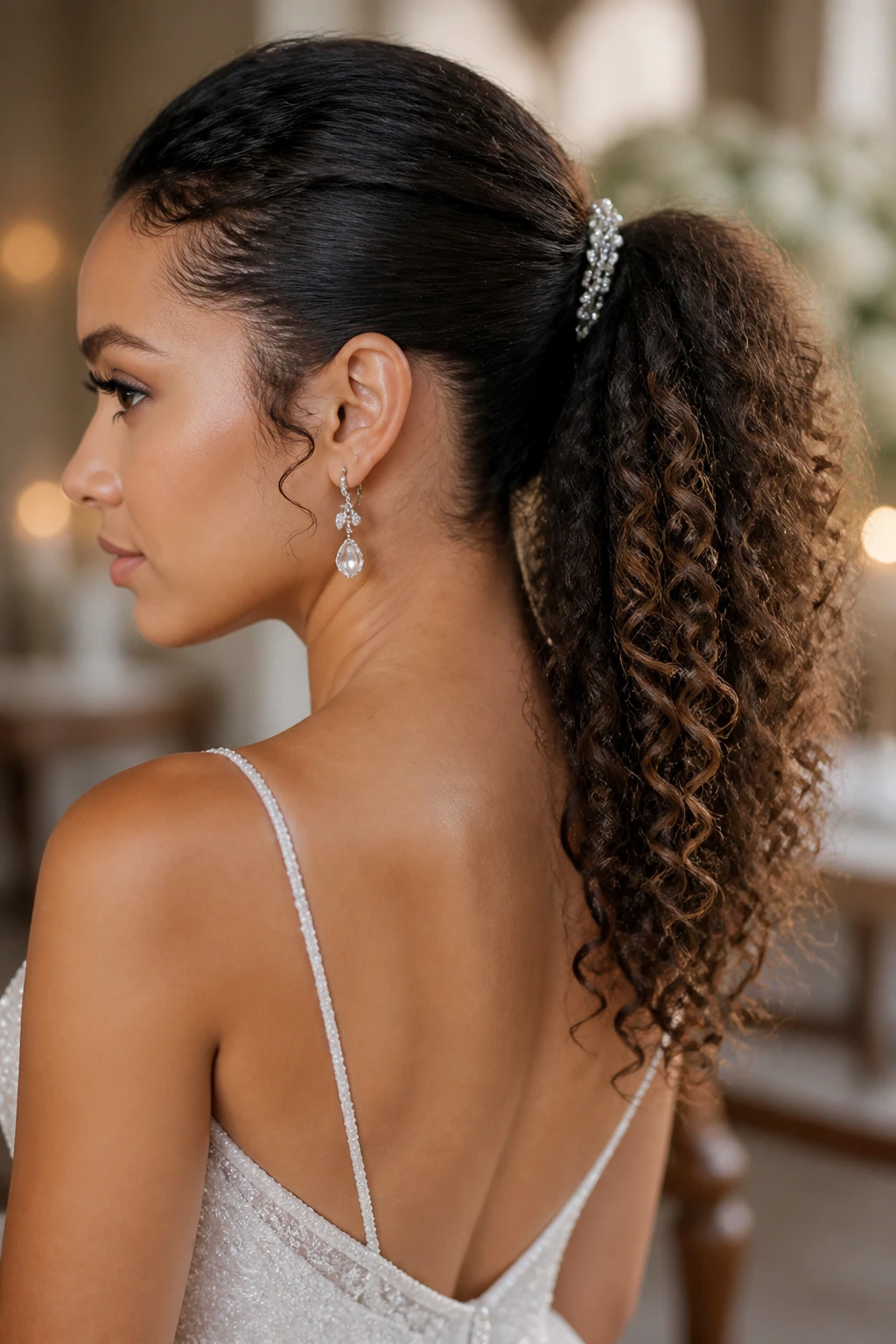 Bride with curly ponytail with defined ends in ceremony lighting