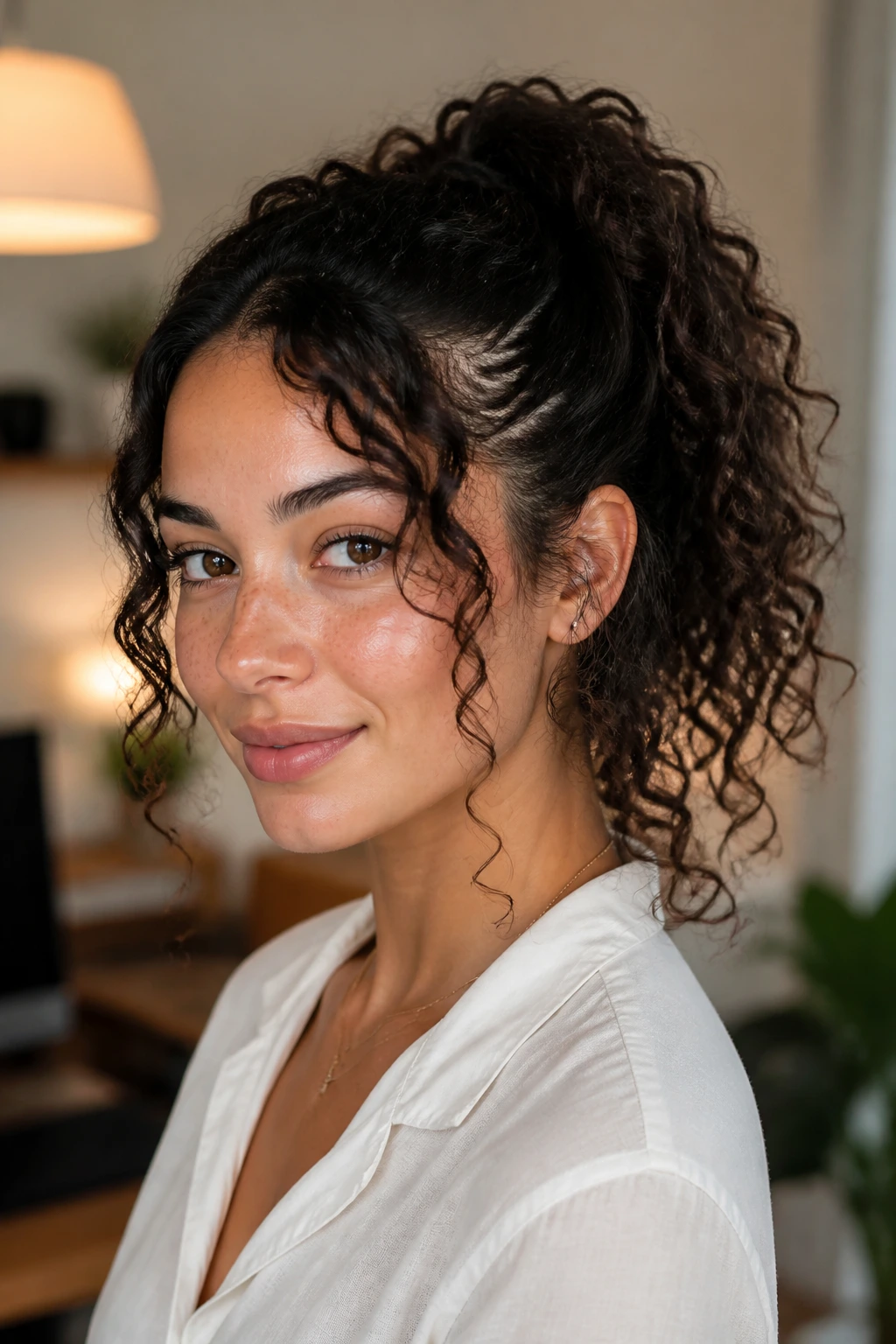 Close-up of a real woman with a curly ponytail and defined front pieces in a cozy home-office