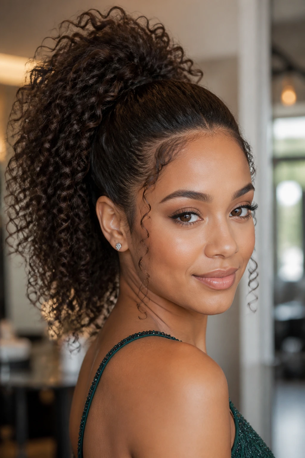 Portrait of a real woman with a high curly ponytail and glossy roots in warm light