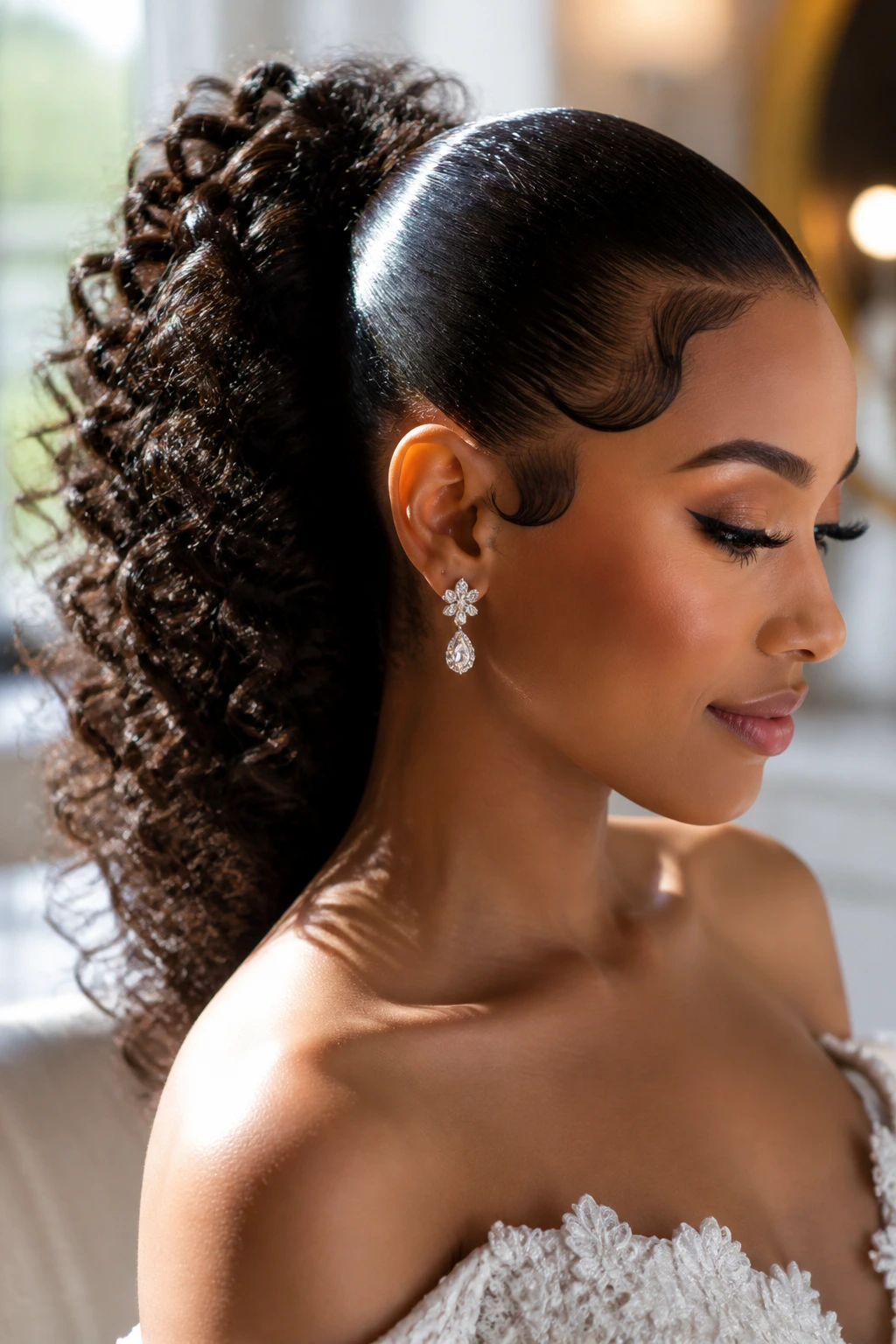 Real bride with natural curly ponytail and sculpted edge