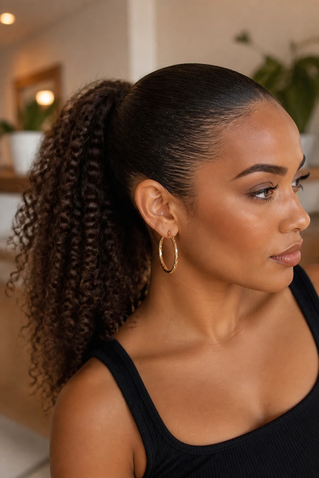 Close-up of a real woman with smoothed-root curly ponytail showing texture at the ends