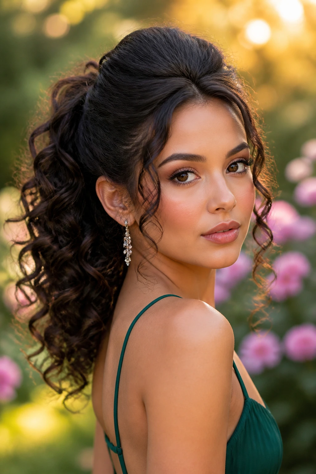 Close-up of a real woman with curly ponytail and teased crown